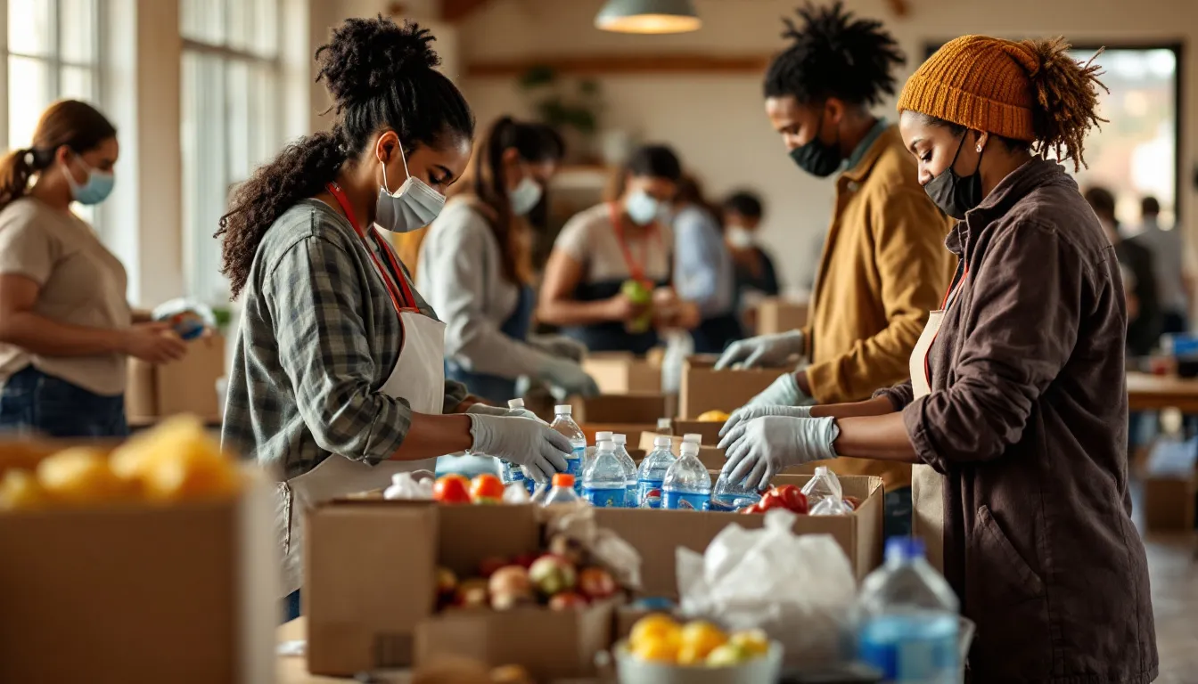 Voluntarios organizando alimentos en la sede